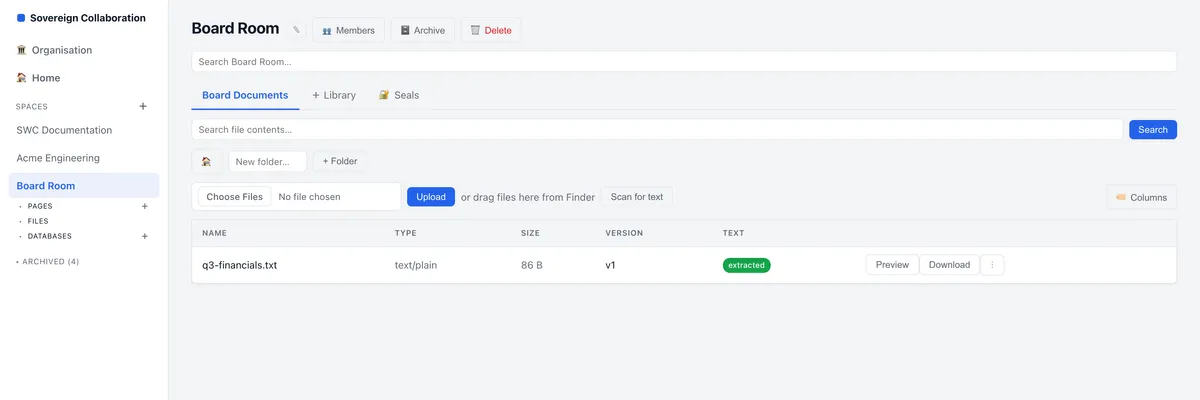 A document library inside a restricted space in SWCOLLAB, with versions and seals